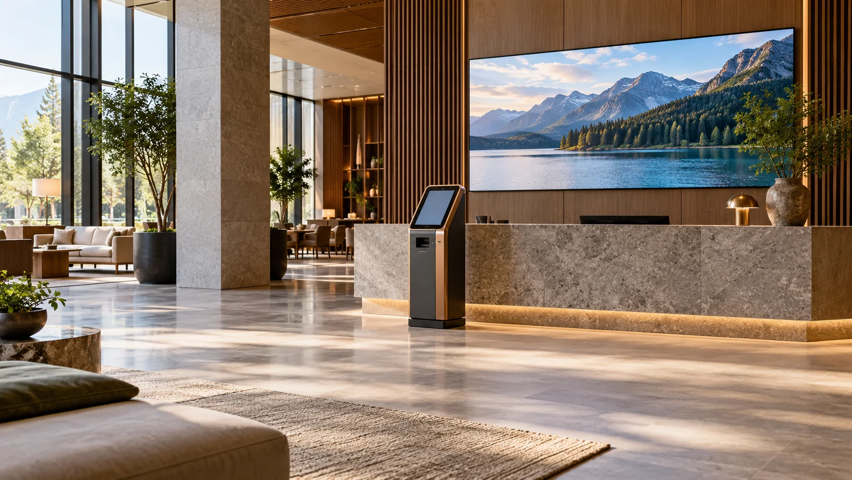 Illustration of hotel digital signage and a self-service terminal