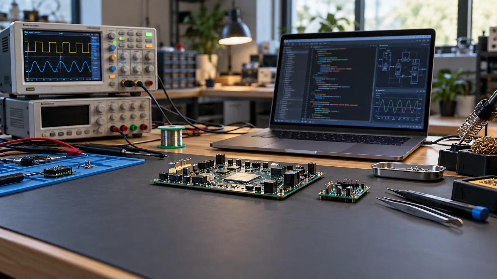 Illustration of a hardware and software development workspace